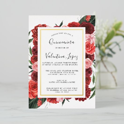 レッドモダンローズフローラキンセアニェラ金ゴールド 箔招待状 (立ち正面)