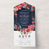 レッドモダンローゼズフローラネイビーブルー結婚ズ オールインワン招待状 (内側)