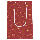 レッドモダン金ゴールド50ファブラス誕生日 ミディアムペーパーバッグ (裏面)