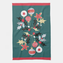 レッドモダン金ゴールド&シルバーオーナメントティール（緑がかった色） キッチンタオル