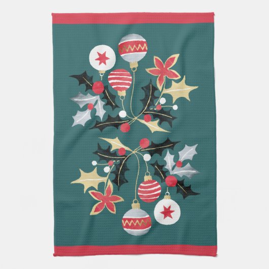 レッドモダン金ゴールド&シルバーオーナメントティール（緑がかった色） キッチンタオル (縦)