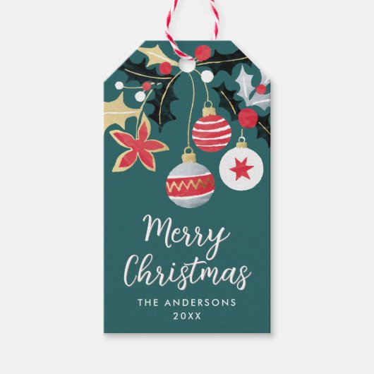 レッドモダン金ゴールド&シルバークリスマスオーナメントティール（緑がかった色） ギフトタグ (正面)