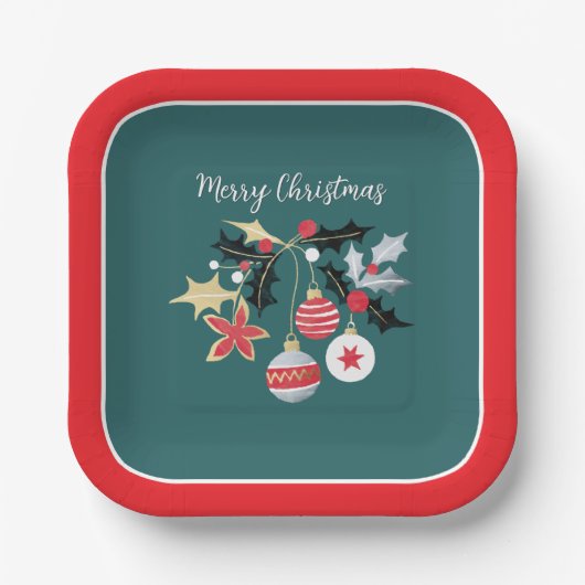 レッドモダン金ゴールド&シルバークリスマスオーナメントティール（緑がかった色） ペーパープレート (正面)