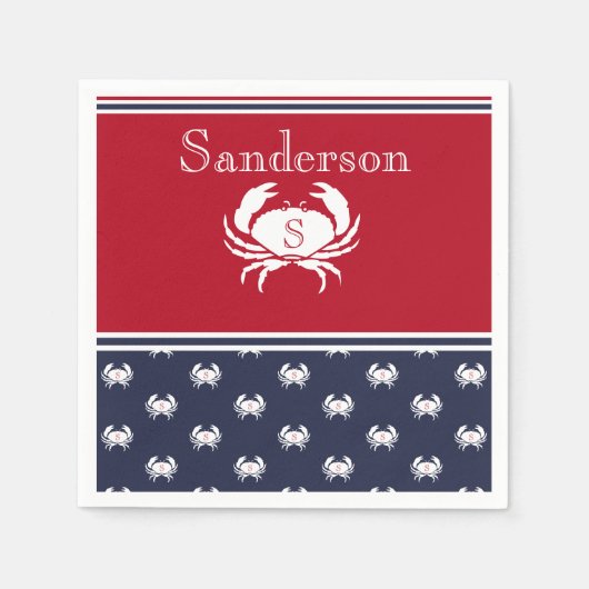 レッドモノグラムのホワイトネイビーブルーカニ航海の昼寝 スタンダードカクテルナプキン (正面)
