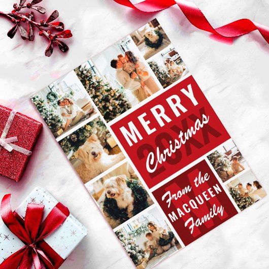 レッドモノグラムファミリーフォトコラージクリスマス カード