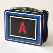 レッドモノグラムブラックブルーホワイト水玉模様 メタルランチボックス (正面)