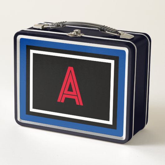 レッドモノグラムブラックブルーホワイト水玉模様 メタルランチボックス (正面)