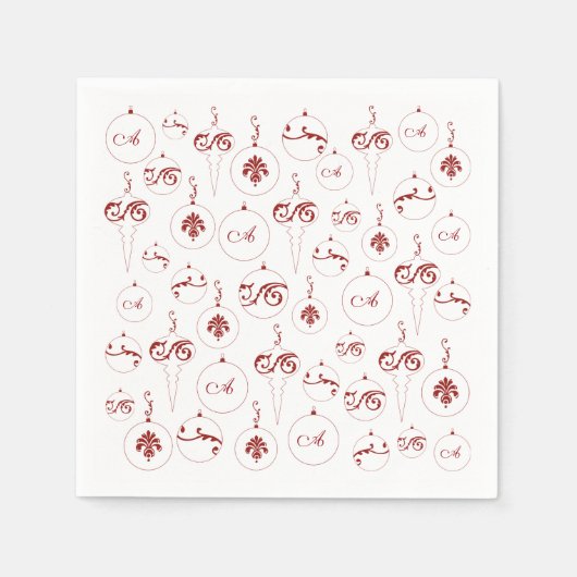 レッドモノグラムボーブルオーナメントパターンクリスマス スタンダードカクテルナプキン (正面)