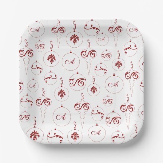 レッドモノグラムボーブルオーナメントパターンクリスマス ペーパープレート (正面)