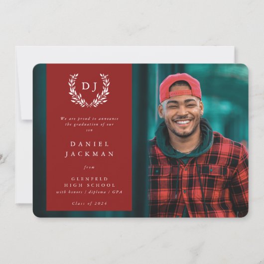 レッドモノグラムローレルリース卒業写真 案内状 (正面)