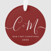 レッドモノグラム私たちの初めてのクリスマスカスタム写真 オーナメント (正面)