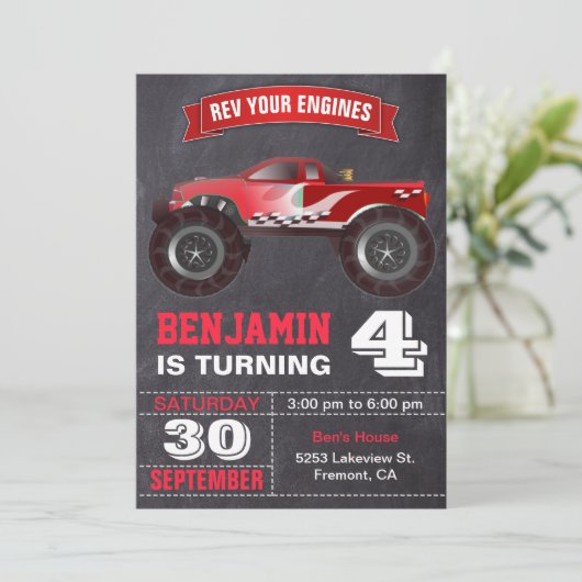 レッドモンスタートラック子供の誕生日パーティー 招待状 (スタンド正面)