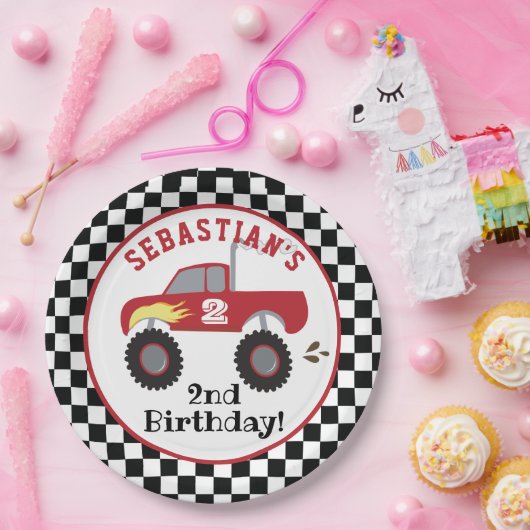 レッドモンスタートラック誕生日レーシングトラックボーイズ ペーパープレート (パーティー)