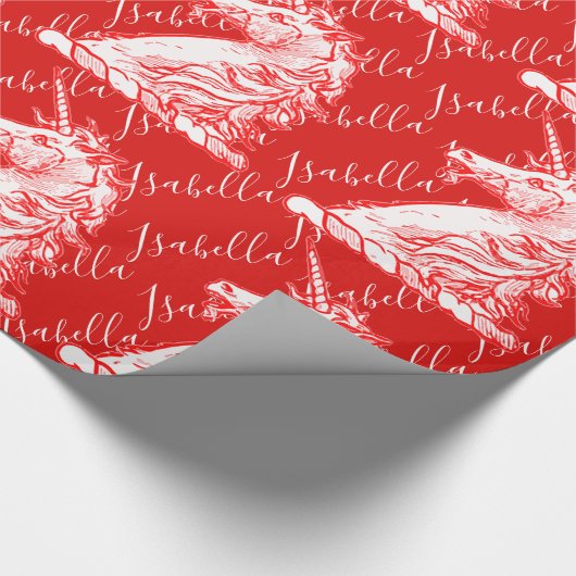 レッドユニコーンパターン名前をカスタムするイザベラ ラッピングペーパー (角)