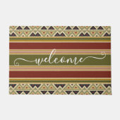 レッドユニークオークレオリーブグリーンイカットストライプ歓迎 ドアマット (正面)