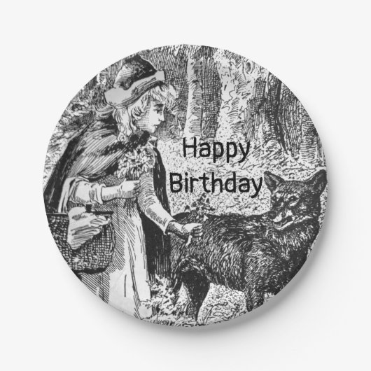 レッドライディングフードウルフウッド誕生日白黒 ペーパープレート (正面)