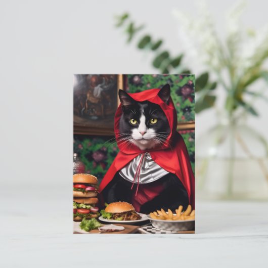 レッドライディングフードキャットチ食べースバーガーとフライドポテト ポストカード (スタンド正面)