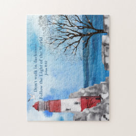 レッドライトハウスウォーターカラーシーン ジグソーパズル