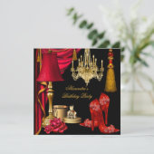 レッドラグジュアリー女性金ゴールドブラックハイヒールパーティー 招待状 (スタンド正面)