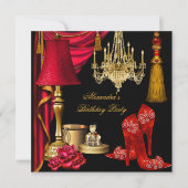 レッドラグジュアリー女性金ゴールドブラックハイヒールパーティー 招待状 (正面)