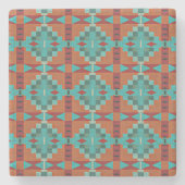 レッドラストオレンジターコイズティール(緑がかった色)ブルートライバルアート ストーンコースター (正面)