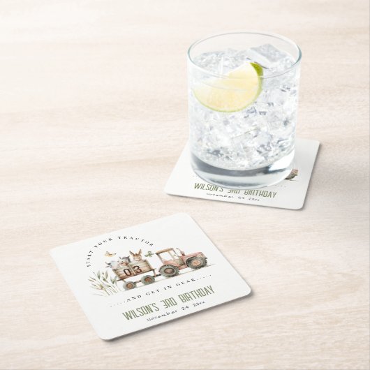 レッドラストファームアニマルズトラクター子供の誕生日 スクエアペーパーコースター (インサイチュ)