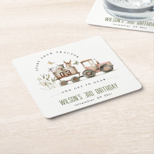 レッドラストファームアニマルズトラクター子供の誕生日 スクエアペーパーコースター (アングル)