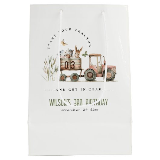 レッドラストファームアニマルズトラクター子供の誕生日 ミディアムペーパーバッグ (裏面)
