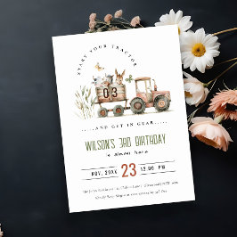 レッドラストファームアニマルズトラクター子供の誕生日 招待状