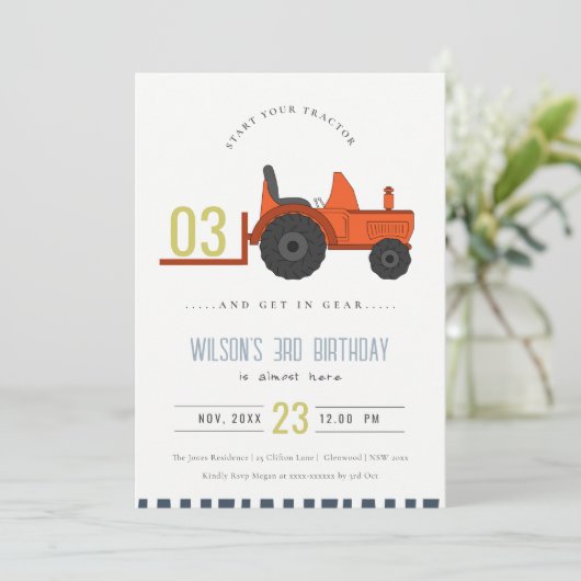 レッドラストファームトラクターキッズニーエイジ誕生日招待状 サンキューカード (スタンド正面)