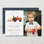 レッドラストファームトラクターキッズフォト誕生日招待状 サンキューカード (正面/裏面)