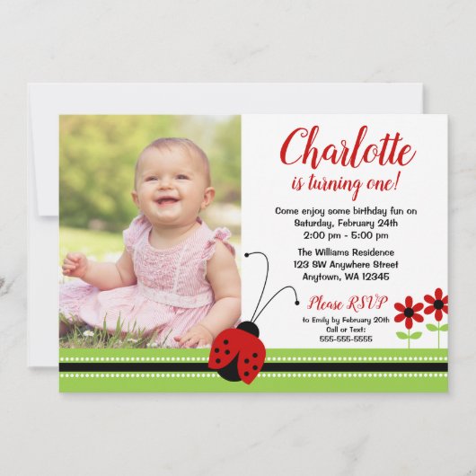 レッドラディバグガール誕生日写真招待状 招待状 (正面)