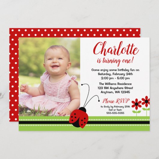 レッドラディバグガール誕生日写真招待状 招待状 (正面/裏面)
