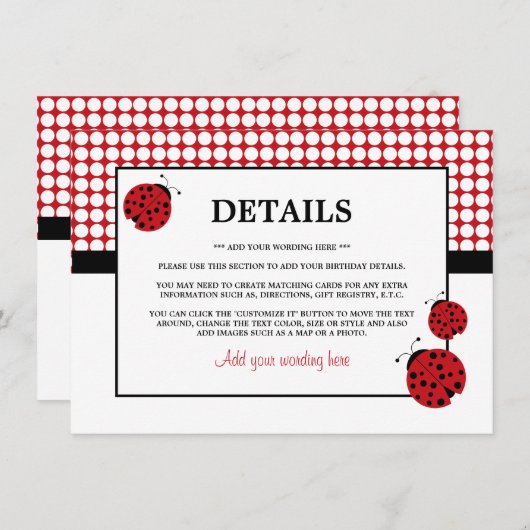 レッドラディバグチャイルドズバースデーパーティー詳細 招待状 (正面/裏面)