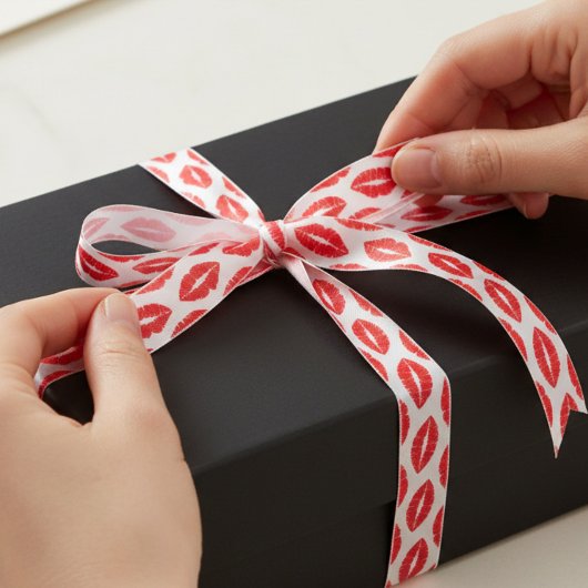 レッドリップスティックキスパターンバレンタインサテンリボン サテンリボン