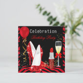 レッドリップスティックグリッターゼブラバースデーパーティー 招待状 (スタンド正面)