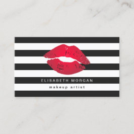レッドリップストライプ白黒モダンメイクアップアーティスト 名刺