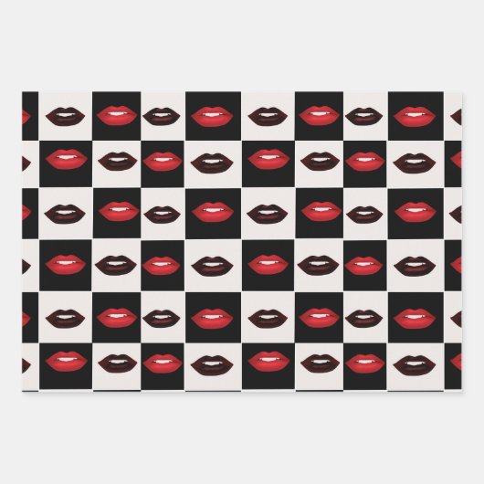 レッドリップブラックチェッカーボードとグリッドレトロビベス ラッピングペーパーシート (正面2)