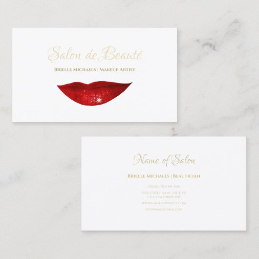 レッドリップメイクアップアーティストエレガント金ゴールドスクリプト 名刺 (正面/裏面)