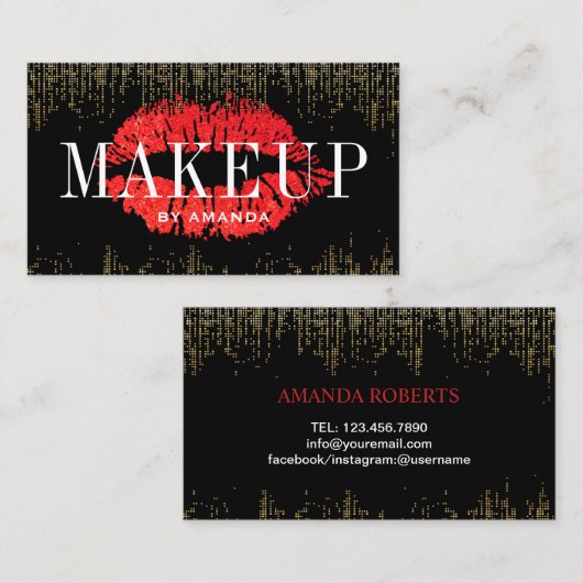 レッドリップメイクアップアーティストモダン金ゴールド紙吹雪 名刺 (正面/裏面)