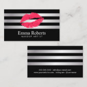 レッドリップモダンシルバーストライプのメイクアップアーティスト 名刺 (正面/裏面)