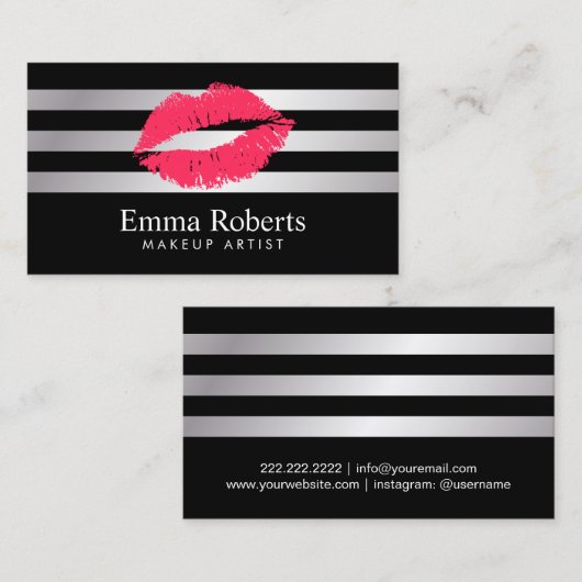 レッドリップモダンシルバーストライプのメイクアップアーティスト 名刺 (正面/裏面)