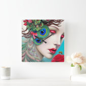 レッドリップ&バラピーコック抽象芸術 スクエア壁時計 (ホーム)