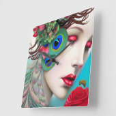 レッドリップ&バラピーコック抽象芸術 スクエア壁時計 (傾斜)