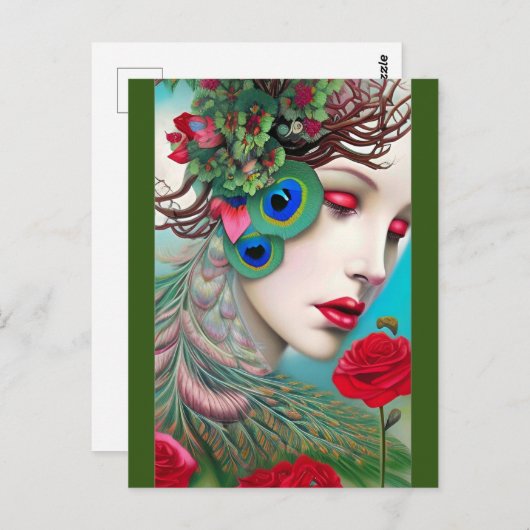 レッドリップ&バラピーコック抽象芸術 ポストカード (正面/裏面)