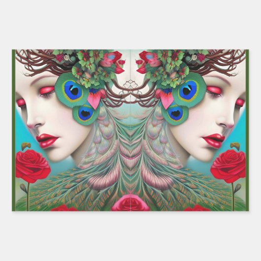 レッドリップ&バラピーコック抽象芸術 ラッピングペーパーシート (正面3)