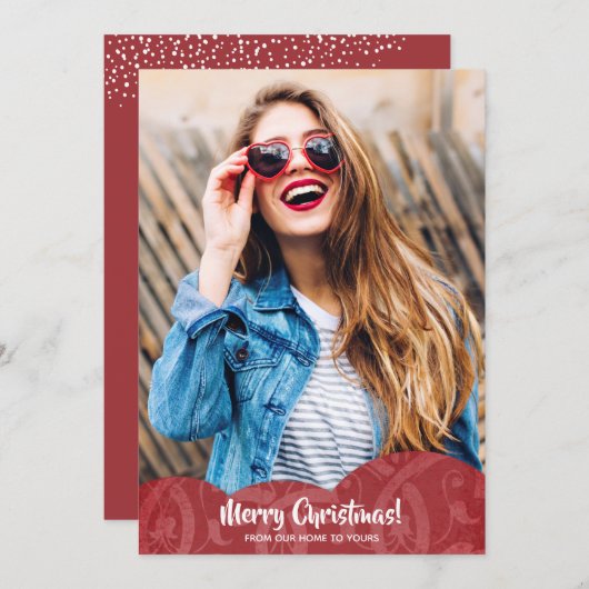 レッドリネンFiligreeフォトクリスマスホリデーカード シーズンカード (正面/裏面)