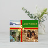 レッドリボンオングリーンホリーフォイルホリデーポストカード 箔シーズンポストカード (立ち正面)