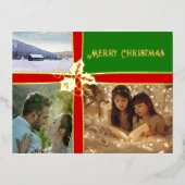 レッドリボンオングリーンホリーフォイルホリデーポストカード 箔シーズンポストカード (正面)