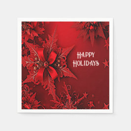 レッドリボンフローラホリデークリスマス紙 スタンダードカクテルナプキン
